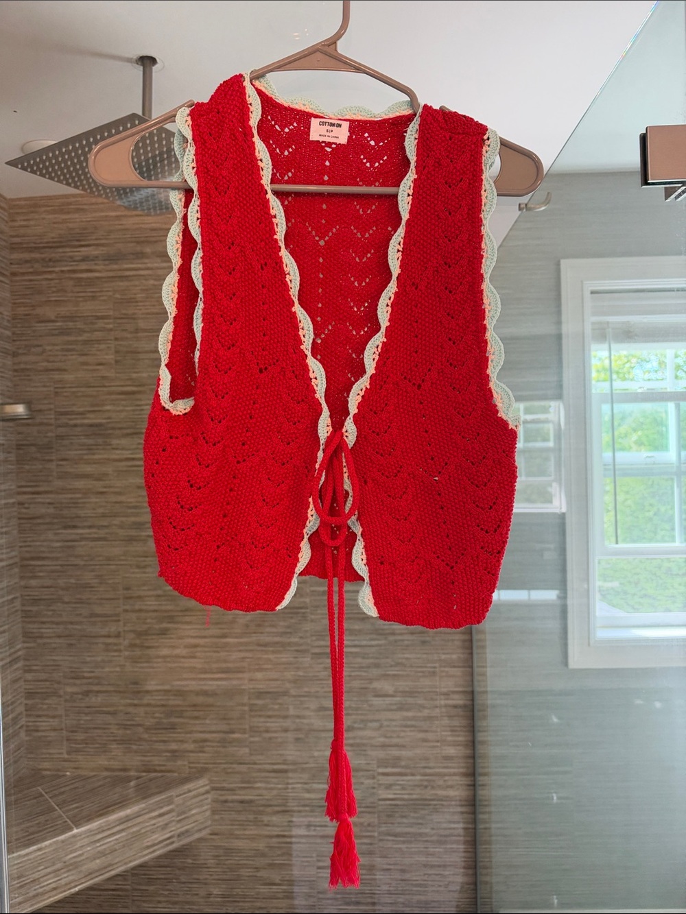 Cotton On Red Crochet Tie-Front Vest with Cream Trim